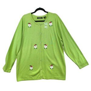 Crystal Kobe Christmas Cardigan Sweater OX Green Santa Embroidery Button-Up Long